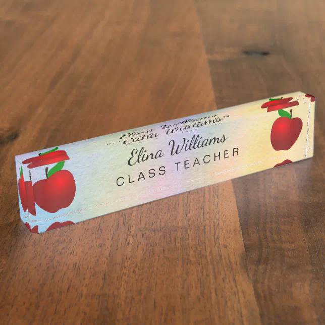 School Teacher Red Apple Watercolor Desk Name Plate | Zazzle