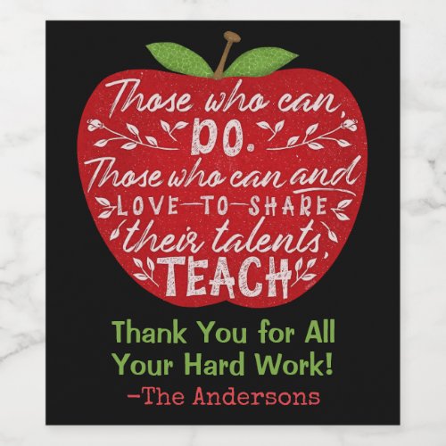 School Teacher Thank You  Apple Teaching Quote Wine Label