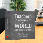 School teacher white script quote chalkboard 3 ring binder<br><div class="desc">Teacher personalized binder with inspirational white typography script quote "Teachers change the world one child at a time" and red apple on blackboard background</div>
