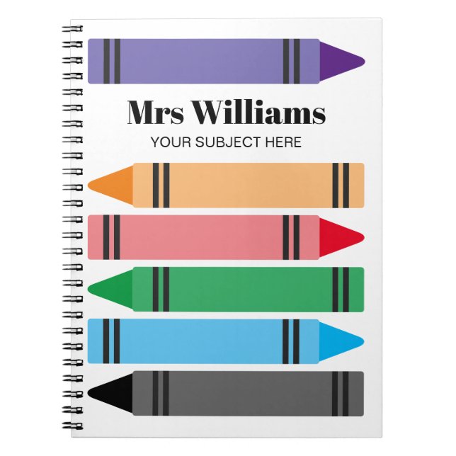 School teacher's notebook with colorful crayons (Front)