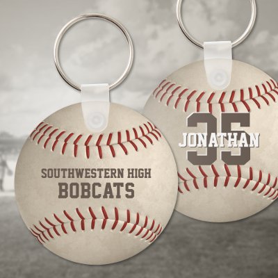 School team and player name dirty baseball keychain