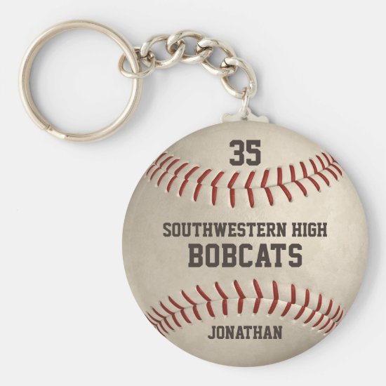 School team and player name grungy look baseball keychain
