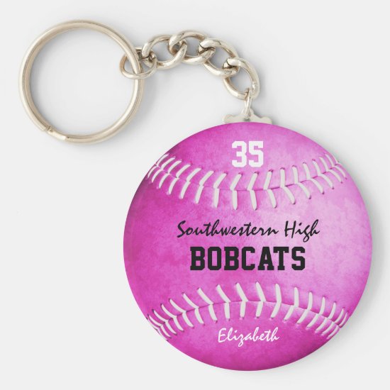 School team and player name pink softball keychain