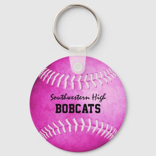 School team and player name pink softball keychain