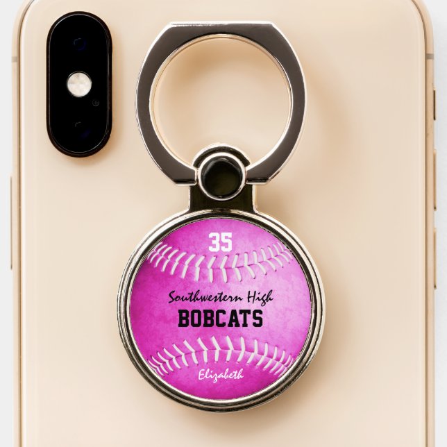 School team and player name pink softball phone ring stand (Close Up)
