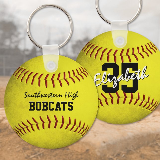 School team and player name yellow softball keychain (Creator Uploaded)