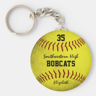 School team and player name yellow softball keychain