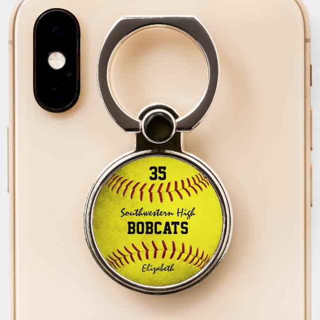 School team and player name yellow softball phone ring stand (Close Up)