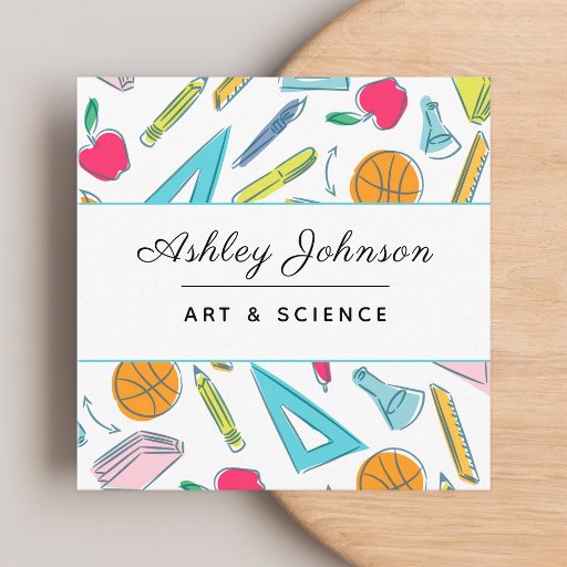 Customizable School Things Objects Pattern Teacher Colorful Fun Square Business Card