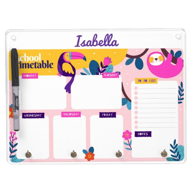 School Timetable Sloth Parrot Dry Erase Board (Front)