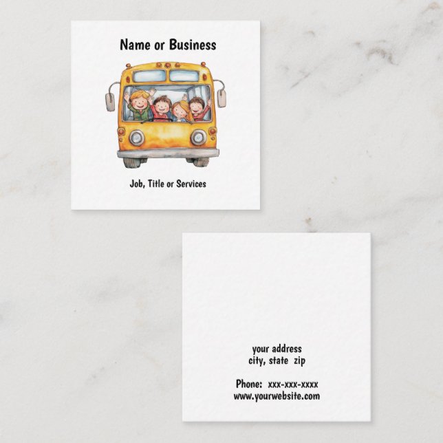 Schoolbus with happy children square business card (Front/Back)