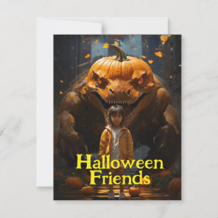 Schoolgirl and Pumpkin Dinogoblin Halloween Holiday Card