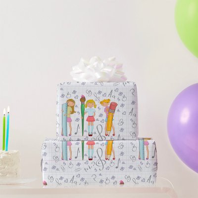 Schoolgirls with Oversized School Stationery  Wrapping Paper