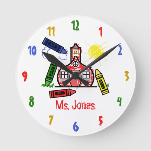 Schoolhouse  Crayons Teacher Clock