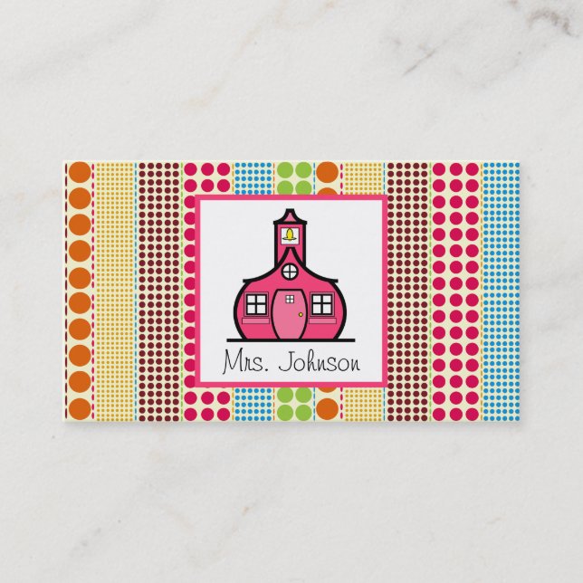 Schoolhouse Multicolor Polka Dots Teacher Business Card (Front)