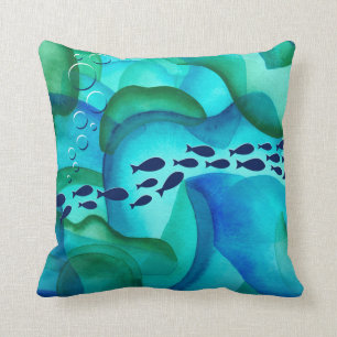 Schooling Fish Watercolor Throw Pillow