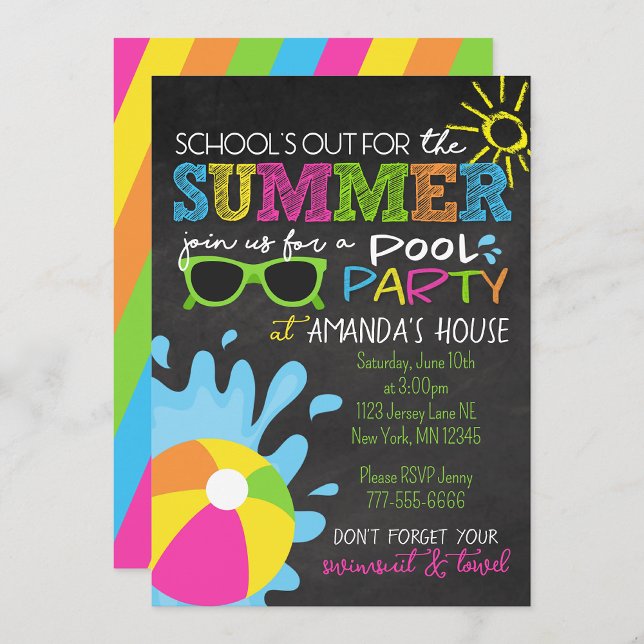 School's Out for the Summer Chalkboard Party Invitation (School's Out Summer Water Fun Party Invitations)