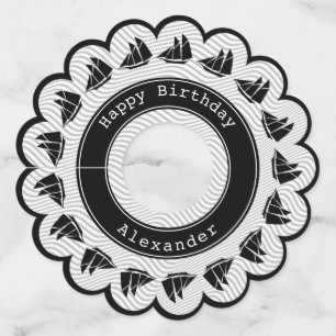 Schooner -Black/White Quirky Waves Nautical Theme Wine Glass Tag