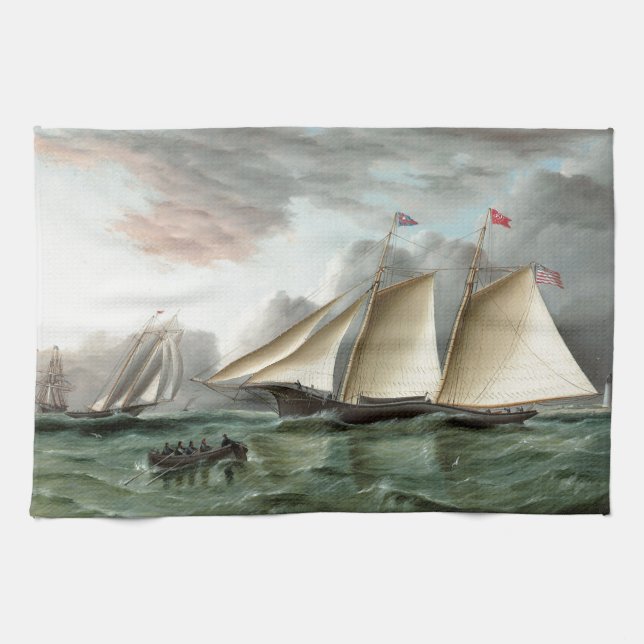Schooner Mohawk off Sandy Hook Lighthouse Kitchen Towel (Horizontal)