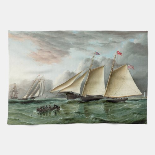 Schooner Mohawk off Sandy Hook Lighthouse Kitchen Towel