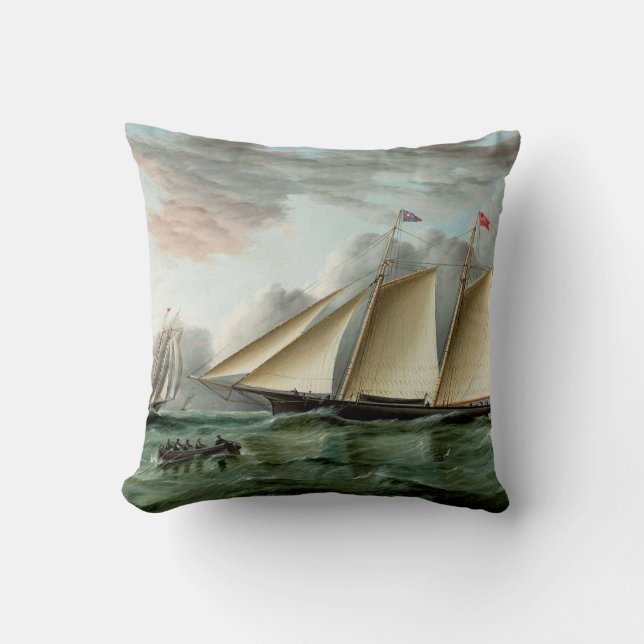 Schooner Mohawk off Sandy Hook Lighthouse Throw Pillow (Front)