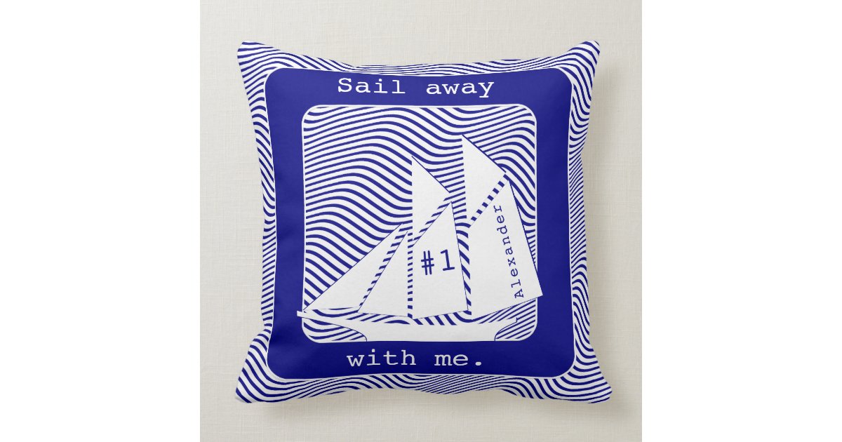 Schooner On Navy White Quirky Waves Nautical Throw Pillow