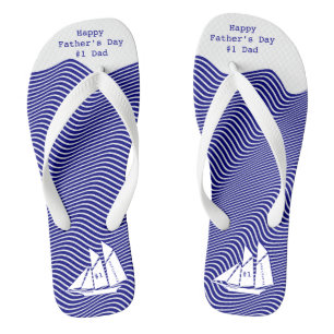 Schooner on Quirky Navy/White Waves - Fathers Day Flip Flops