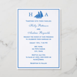 Schooner Sailboat Nautical Wedding Couple Initials Letterpress Photo Cards