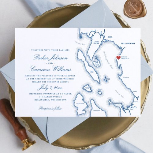 Schooner Zodiac Bellingham Bay WA Map Wedding Invitation