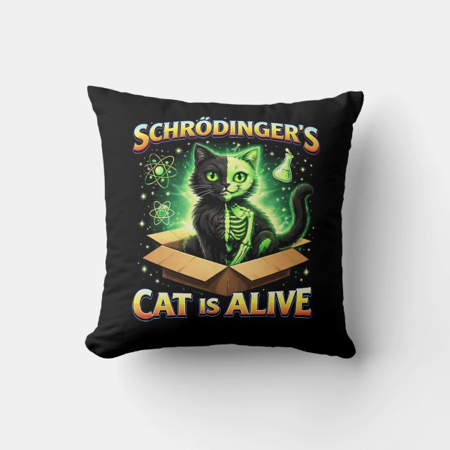 Schrödinger’s Curious Cat Throw Pillow (Front)