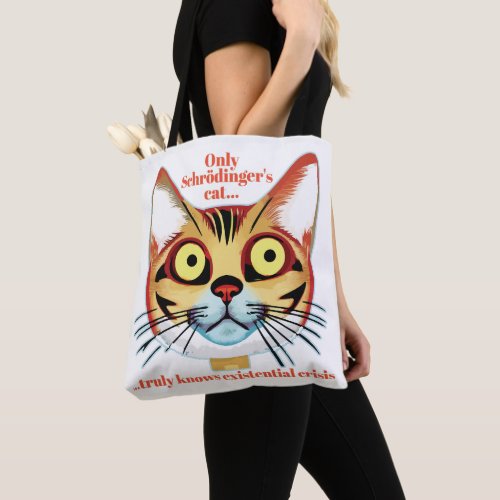 Schrodingers cat existential crisis tote bag