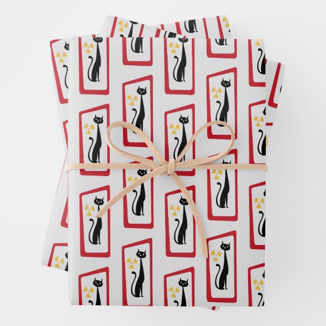 Schrödinger's Cat Mid Century Modern red Wrapping Paper Sheets (In situ)