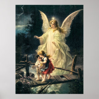 Schutzengel und zwei Kinder auf Brücke Poster