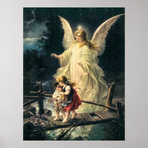 Schutzengel und zwei Kinder auf Brcke Poster