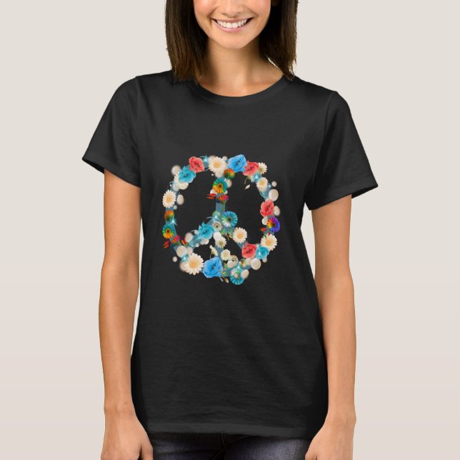 Schwarzes T-Shirt mit buntem Blüten-Peace-Zeichen (Front)