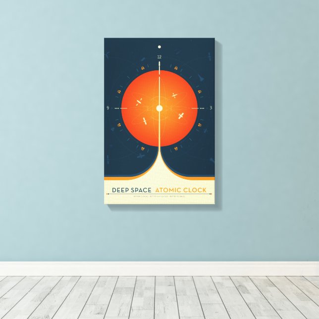 Sci-Fi Ad, Orange Atomic Clock, Deep Space Canvas Print (Insitu(Wood Floor))