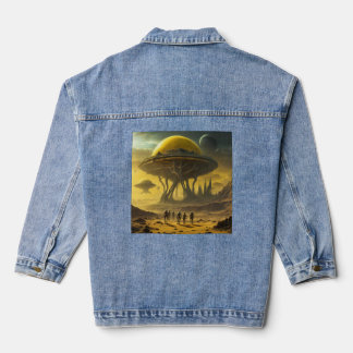 Sci-Fi Alien World View Planet Ufo Tower Denim Jacket