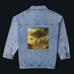 Sci-Fi Alien World View Planet Ufo Tower Denim Jacket<br><div class="desc">Step into a surreal alien world bathed in golden light, where a mysterious yellow planet stretches across the sky with vast, glowing deserts and swirling atmospheric storms. At its heart rises a colossal, ancient tower — a lone sentinel piercing the clouds, humming with unknown energy. The landscape pulses with otherworldly...</div>