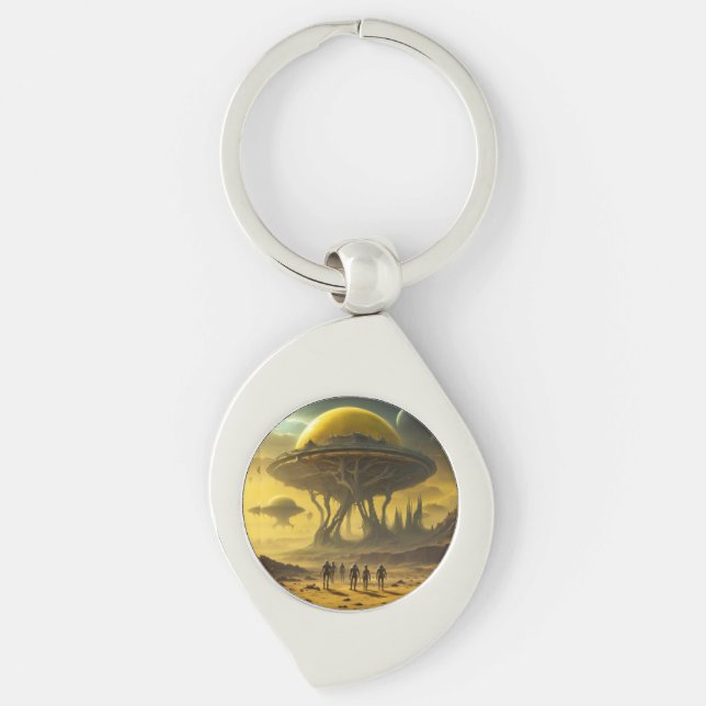 Sci-Fi Alien World View Planet Ufo Tower Keychain (Front)