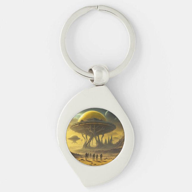 Sci-Fi Alien World View Planet Ufo Tower Keychain (Front)