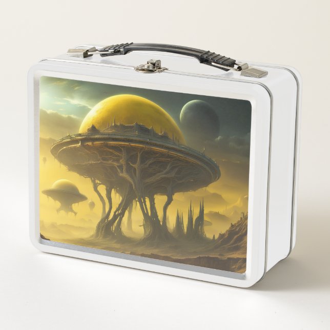 Sci-Fi Alien World View Planet Ufo Tower Metal Lunch Box (Front)