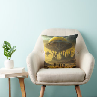 Sci-Fi Alien World View Planet Ufo Tower Throw Pillow