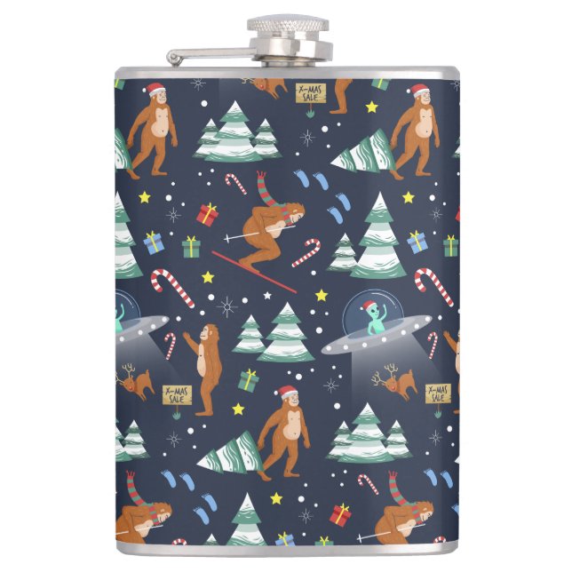 Sci-Fi Christmas | Big Foot, Aliens, & Reindeers Flask (Front)