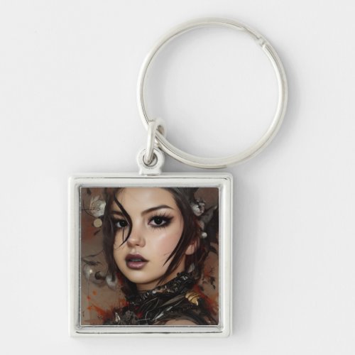 Sci Fi Cyber Goth Girl Ink Spot Portrait Keychain