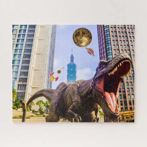 Sci_fi Dinosaur in Surreal Space Age City Unique Jigsaw Puzzle