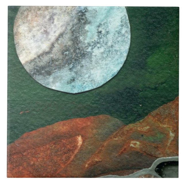 Sci-Fi  ice moon in low orbit around alien world Ceramic Tile (Front)