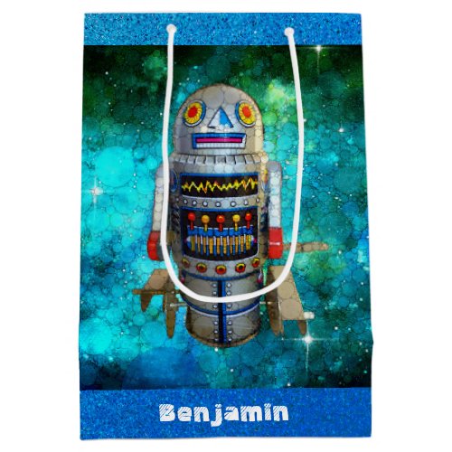 Sci fi retro toy robot blue galaxy custom name medium gift bag