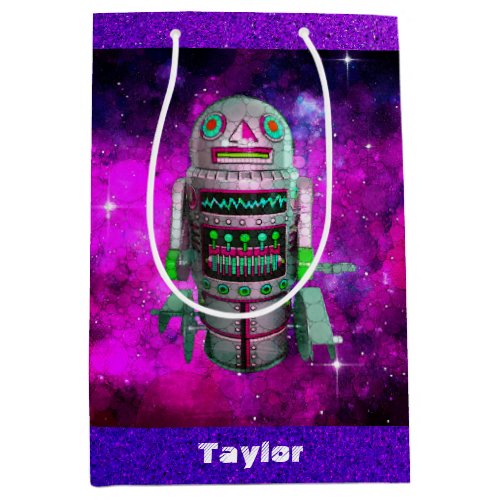 Sci fi retro toy robot purple galaxy custom name medium gift bag