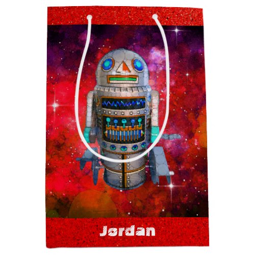 Sci fi retro toy robot red galaxy custom name cool medium gift bag