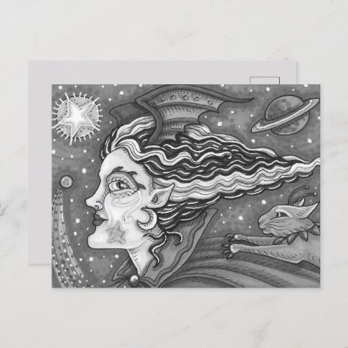 SCI FI SPACE WITCH  COMET CAT BLKWHT HALLOWEEN HOLIDAY POSTCARD